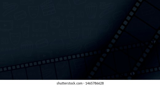 Collection film strip frame on hand draw doodle background. Old cinema banner with stripe roll