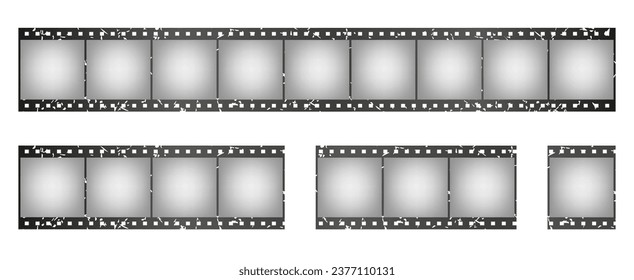 Collection of film stripes in grunge style. Old retro movie. Video recording. Vintage filmstrip roll fram. Photo slide with scratched borders, retro photography filmstrip. Vector illustration
