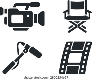 Collection of filmmaking equipment including a video camera, director's chair, microphone, and film reel