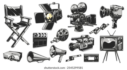 A collection of filmmaking tools including cameras a director's chair and lighting equipment. These are essential items for professionals in the film industry during shooting.