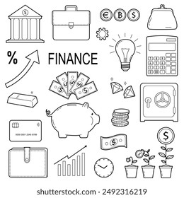 Collection of finance, bank, money. Business and financial concept. Simple outline illustration, isolated on white background	