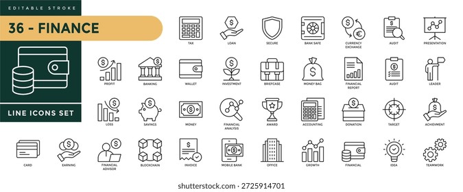 Uma coleção de ícones de Finanças definidos com curso editável, incluindo imposto, empréstimo, seguro, lucro, poupança, blockchain, ganho, cartão, escritório, ideia, alvo, líder, auditoria.