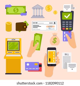 Collection of finance workflow items and elements, finance and marketing objects. Flat design modern vector illustration concept. 