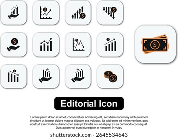 Uma coleção de ícones editoriais com temas financeiros que apresentam gráficos de crescimento, símbolos monetários e visuais de investimento em preto e laranja