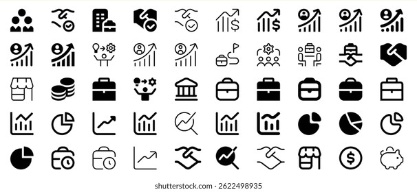 Collection of financial and business growth icons depicting analytics and teamwork