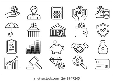 Collection of financial and business icons in a clean outline silhouette