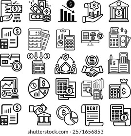 A collection of financial and business icons showcasing concepts like investments, transactions, and teamwork in a modern style