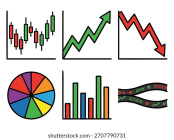 Uma coleção de gráficos financeiros incluindo gráficos de castiçal, linha, pizza e barra, representando tendências de mercado e análise de dados.