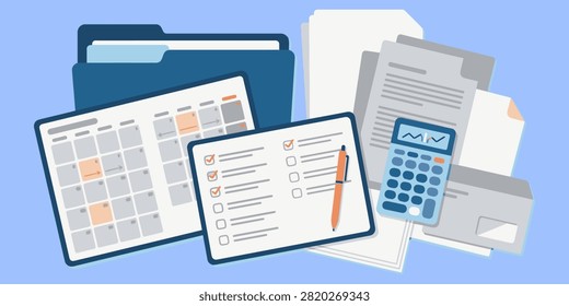 A collection of financial documents, folders, and office supplies arranged neatly on a desk.