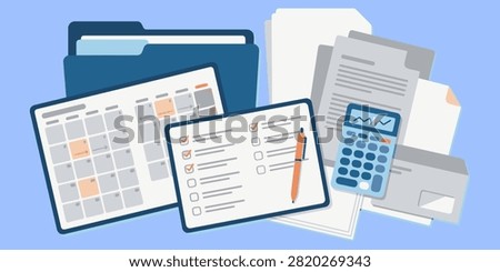 A collection of financial documents, folders, and office supplies arranged neatly on a desk.