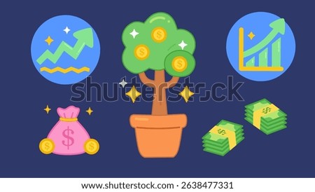 Collection of financial growth illustrations in cute cartoon style with money tree, pink money bag, cash stacks, and upward chart icons. Perfect for investment, savings, and economics themed content.