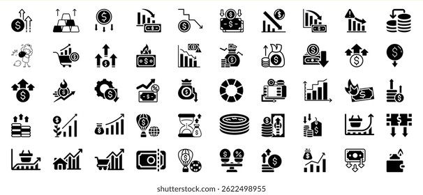 A collection of financial icons depicting diverse aspects of economic growth and decline