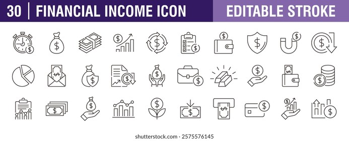 Collection of financial icons. Income, growth, money, investment, savings. Vector design template, signs, symbols, editable stroke.