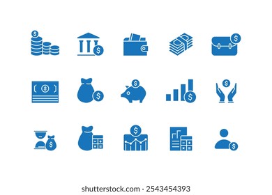 Collection of financial icons. Money, cash, bank, check, profit, payment, wallet. Business collection. In blue silhouette style. Vector illustration.