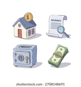 Una colección de objetos financieros que incluyen una casa, dinero, seguro y una caja fuerte.