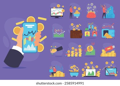 Collection of financial planning illustrations with various activities like investing, budgeting, and analysis using digital tools. Financial growth concept