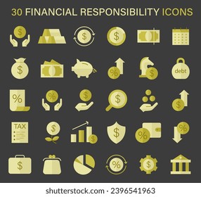 A collection of financial responsibility icons, representing savings, investments, taxes, and debt management for clear visual communication. Flat vector illustration.