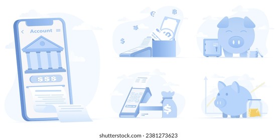 Collection of financial and saving money concept scenes. Financial management, deposit, withdraw, accumulation, digital wallet, online payment. Flat vector design illustration.