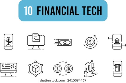 Collection of Financial Tech Linear icons. Set of money, currency symbols drawn with thin contour lines.