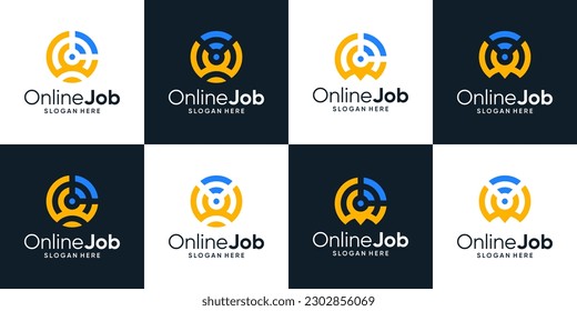 Collection of find jobs online logo design. people logo with pin location and signal network design graphic vector illustration. Symbol, icon, creative.