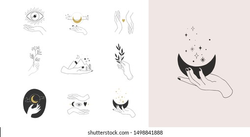 Collection Of Fine, Hand Drawn Style Logos And Icons Of Hands. Fashion, Skin Care And Wedding Concept Illustrations.