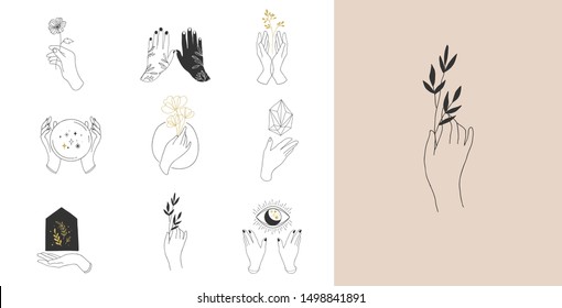 Collection Of Fine, Hand Drawn Style Logos And Icons Of Hands. Fashion, Skin Care And Wedding Concept Illustrations.