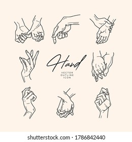 Collection of fine, hand drawn style logos and icons of hands. Fashion, skin care and wedding concept illustrations.