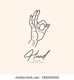 Collection of fine, hand drawn style logos and icons of hands. Fashion, skin care and wedding concept illustrations.