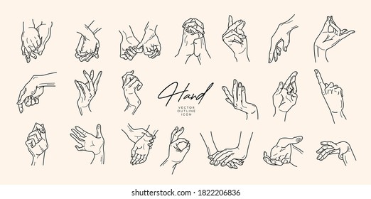 Collection of fine, hand drawn style logos and icons of hands. Fashion, skin care and wedding concept illustrations.