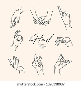Collection of fine, hand drawn style logos and icons of hands. Fashion, skin care and wedding concept illustrations.