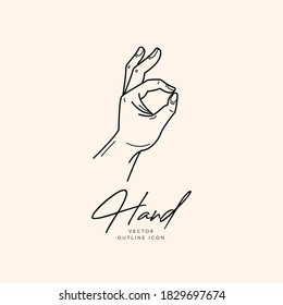 Collection of fine, hand drawn style logos and icons of hands. Fashion, skin care and wedding concept illustrations.