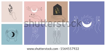Collection of fine, hand drawn style logos and icons of hands. Fashion, skin care and wedding concept illustrations.