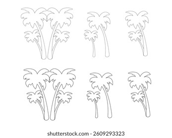 A collection of finely detailed hand-drawn palm tree sketches, perfect for tropical-themed designs, nature illustrations, and vacation branding. palm tree outline,  palm tree line art 