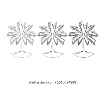 A collection of finely detailed hand-drawn palm tree sketches, perfect for tropical-themed designs, nature illustrations, and vacation branding. palm tree outline,  palm tree line art, tropical island