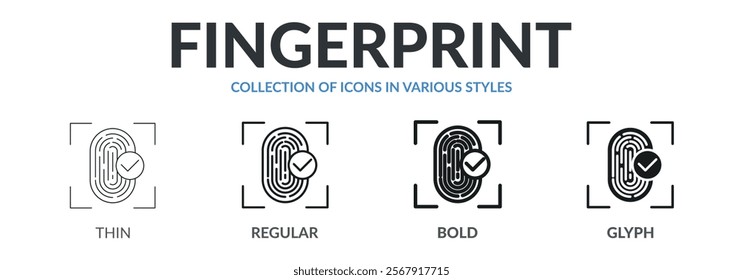 Collection of FINGERPRINT icons in variety of styles. Designed in thin line, regular line, bold line, and glyph.