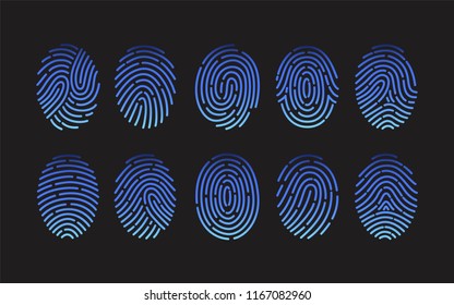 Collection of fingerprints of different types isolated on black background. Bundle of traces of friction ridges of human fingers. Criminal evidence, identification of person. Vector illustration.