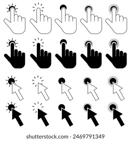 Collection of fingers and arrows pressing buttons in Black and white, white and black isolated on a white or transparent background
