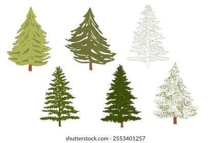 Collection of fir trees, different types and colors, vector silhouettes  Christmas trees, isolated on white