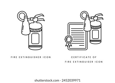 colección de extintor de incendios y certificado Icono de línea de extintor de incendios. contorno símbolo de Ilustración vectorial. Trazo editable.