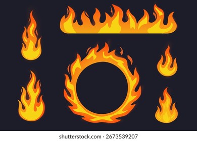 Colección de iconos de llamas de fuego en diferentes Formas. Conjunto de hoguera en llamas aislado en blanco para señales de seguridad, etiquetas de peligro, calefacción, camping, energía y proyectos de diseño decorativo.