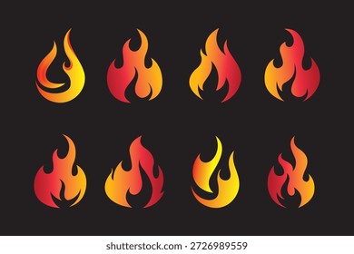Collection of Fire Flame Icons with Red and Orange Gradient Colors, Minimalist Heat Symbols Set for Gas, Energy, Grill, and Hot Spicy Branding