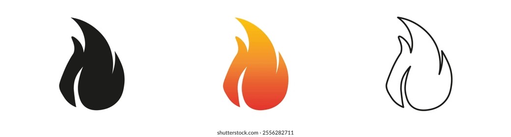 Collection of fire flame icons in various styles and colors. Fire icon vector set. Flame icon collection. Fire flame symbol. Black, gradient, line set