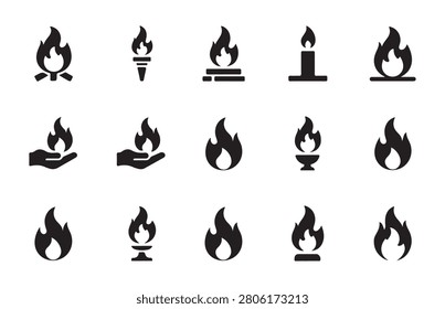 A collection of fire flame vector icons, depicting various types of fire, heat, and burning objects.
