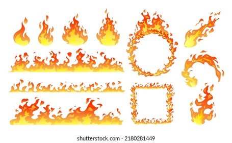 Collection of fire flames, burning bonfire, fireball, heat wildfire, burning effect cartoon illustration