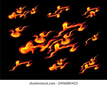 Eine Sammlung von Feuerflammen einzeln auf schwarzem Hintergrund.