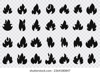 Colección de llamas de fuego sobre un conjunto transparente de fondo de iconos vectores de fuego.