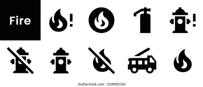 Collection of Fire icons. Black flat icon set isolated on white Background