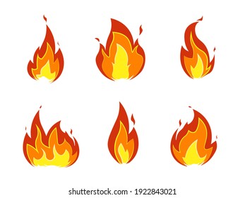 Collection Of Fire Icons. Cartoon Bonfire, Horizontal Flame And Seamless Border Isolated On White Background