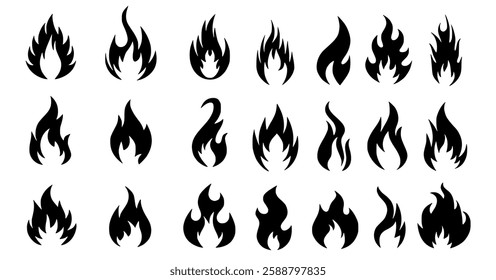 collection of fire icons featuring various flame symbols. A vector set of burning fire designs, perfect for logos, warning signs, heat concepts, and decorative elements.