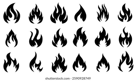 collection of fire icons featuring various flame symbols. A vector set of burning fire designs, perfect for logos, warning signs, heat concepts, and decorative elements.	
